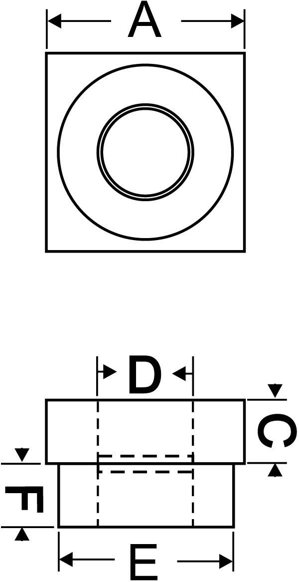 Technische Zeichnung: Eine quadratische Scheibe mit Loch in der Mitte, Seitenlänge 'A', Durchmesser 'D', Höhe 'C', Breite 'E'.