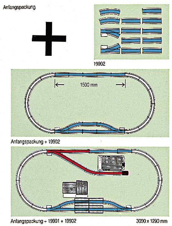'Gleiskonfiguration für Modelleisenbahn: Obere Abbildung zeigt Grundlayout, untere Abbildungen zeigen Erweiterungen mit Maßen und Zusatzpaketen.'