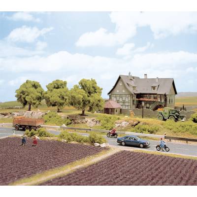 Ein Landhaus umgeben von Bäumen und Feldern. Auf der Straße davor fahren ein Auto, zwei Motorräder und ein Lkw. Menschen arbeiten auf dem Feld.