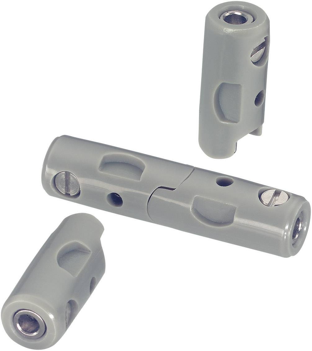 Drei graue Verbindungselemente aus Kunststoff mit Metallgewinden, die für mechanische Konstruktionen oder Reparaturen verwendet werden.