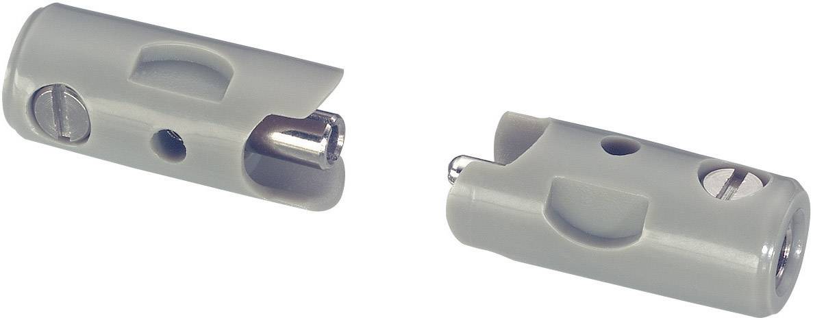 Zwei graue Kunststoffadapter mit runden Öffnungen und Metallverbindungen, auf weißem Hintergrund.