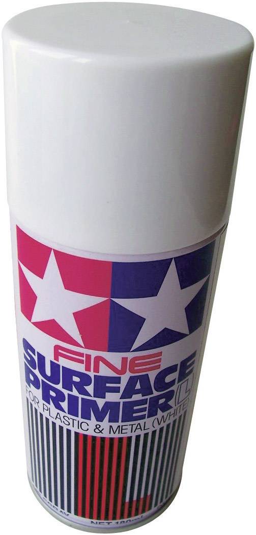 'Eine Dose Grundierungslack, weiß. Beschriftung: Fine Surface Primer für Plastik und Metall.'