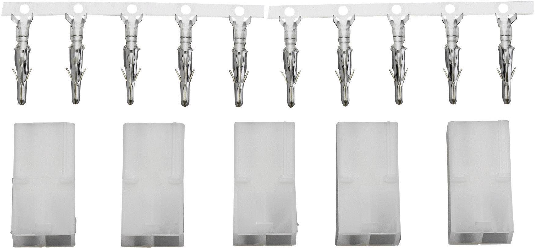 Elektronik-Steckverbinder-Set mit fünf Gehäusen und passenden Metallkontakten, vor einem weißen Hintergrund angeordnet.