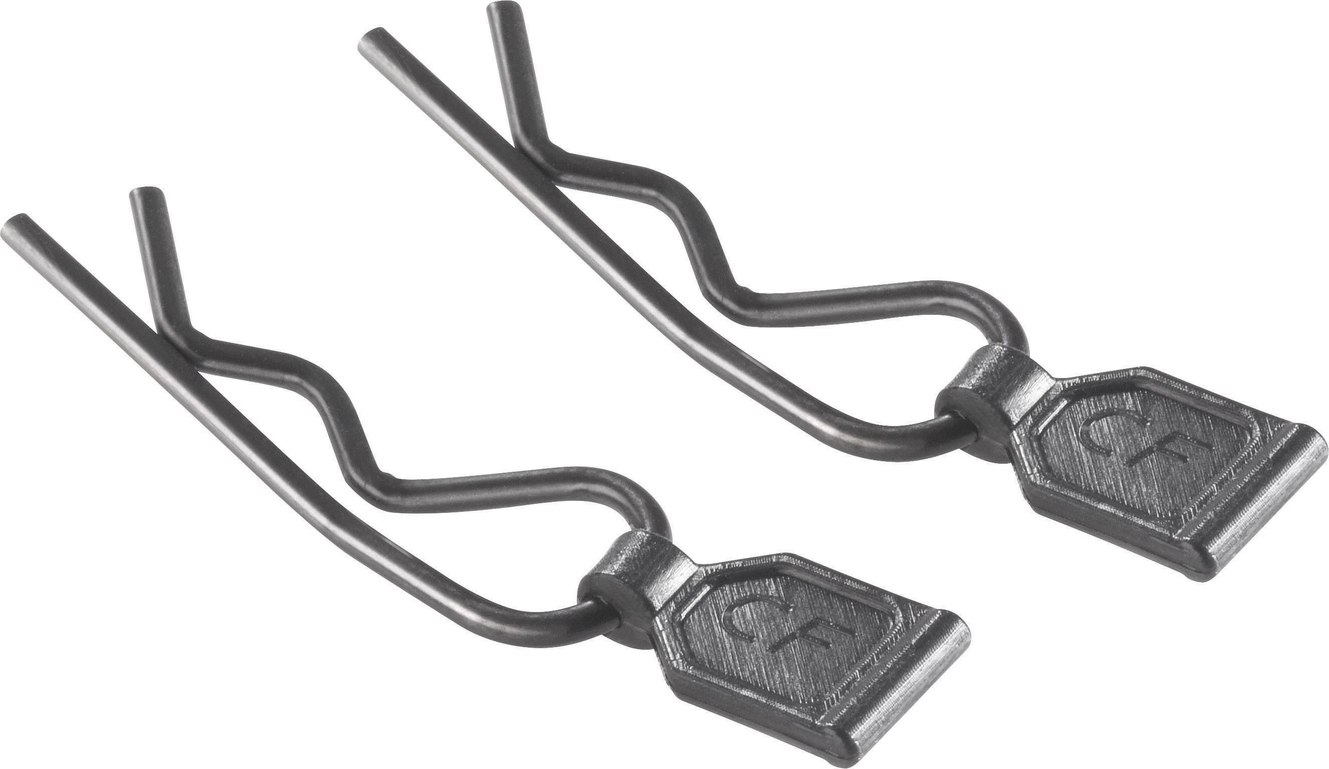 Zwei schwarze Haarklammern mit gewelltem Design und flachen Enden, die eine Gravur eines stilisierten Symbols aufweisen.