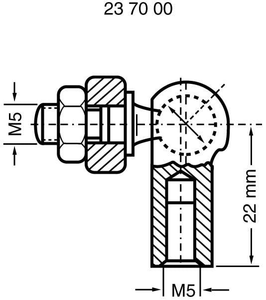 Technische Zeichnung eines Kugelgelenks mit M5-Gewinde, 22 mm Länge, und Maßen der Einzelteile.