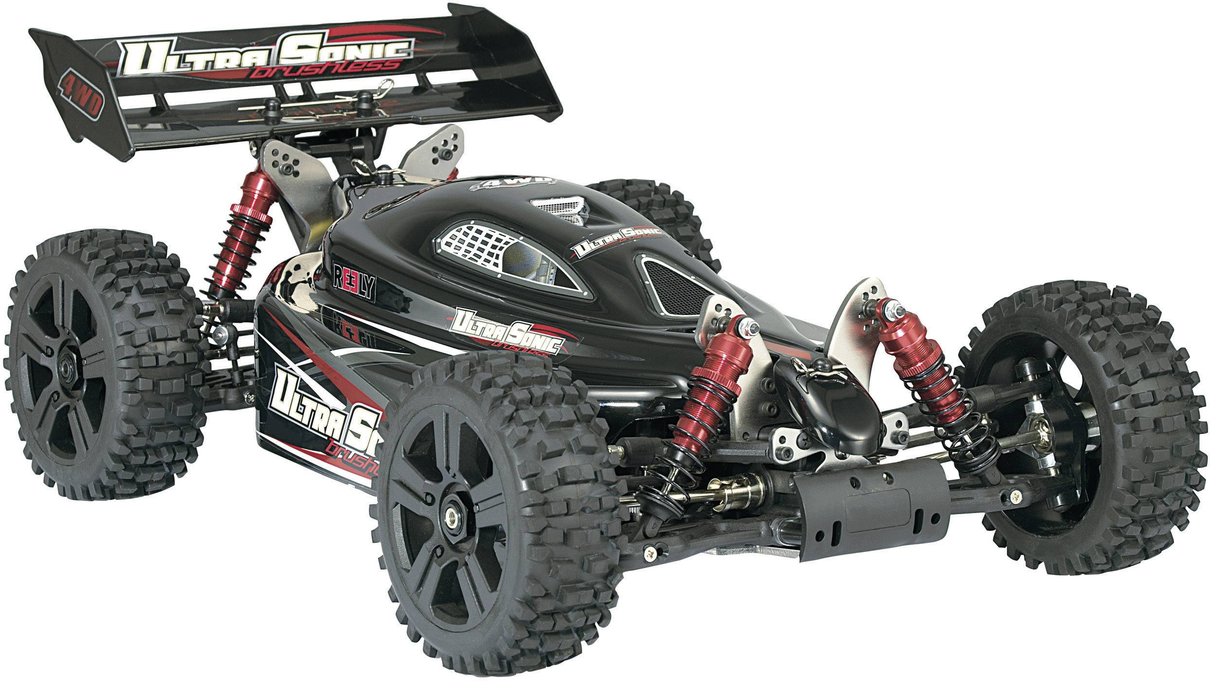 Ein ferngesteuertes Auto mit robusten Reifen und auffälligem Design. Es ist schwarz mit roten und weißen Akzenten.