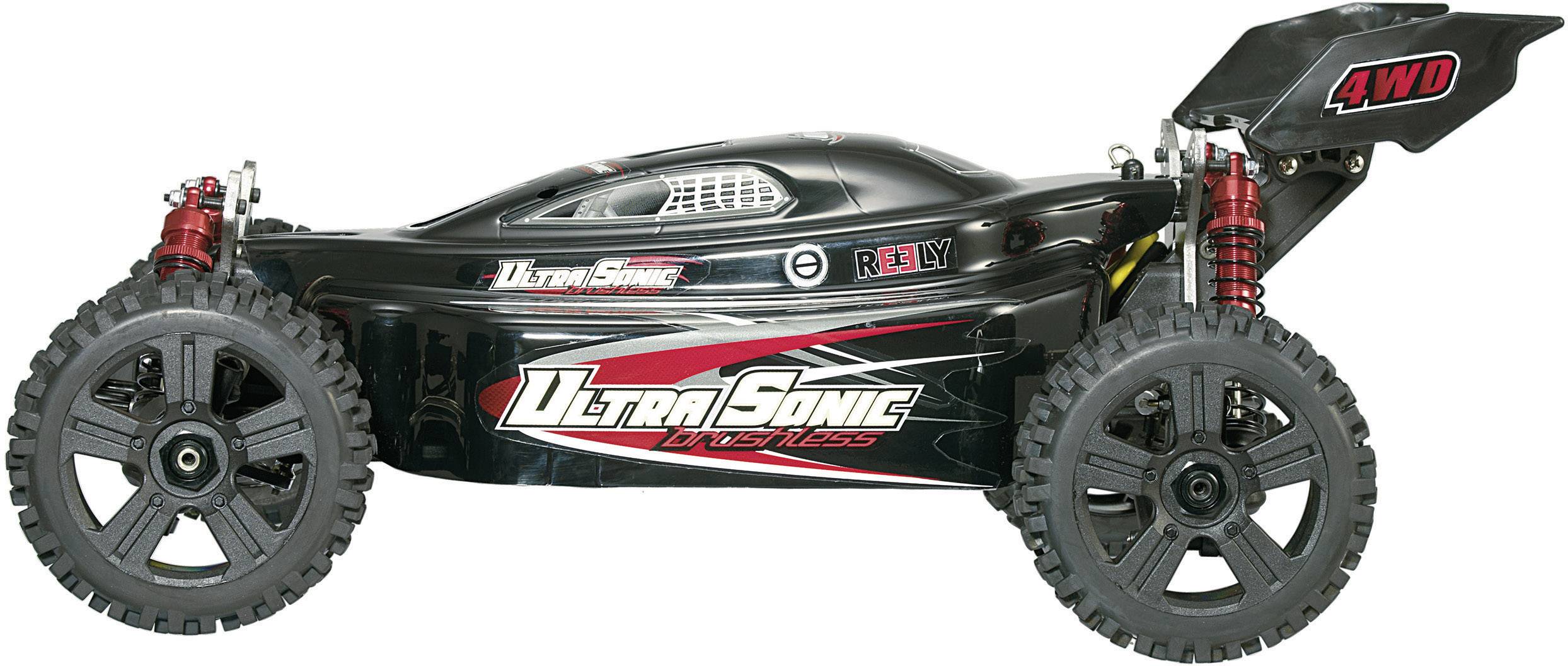 Schwarzes ferngesteuertes Auto mit Aufschrift 'UltraSonic 4WD', rote Stoßdämpfer und große Reifen, seitliche Ansicht.