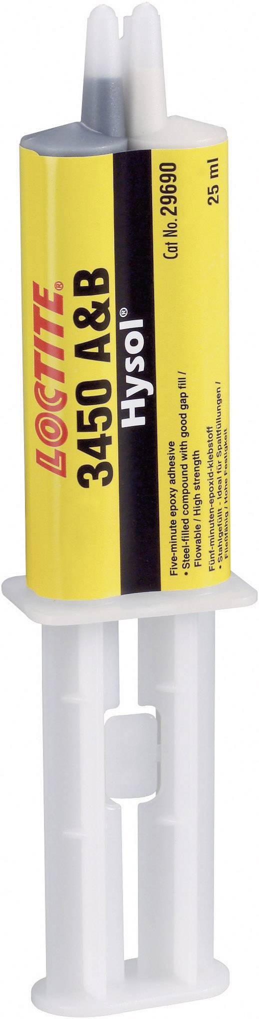 Eine 25-ml-Doppelspritze mit 'Loctite 3450 A&B Hysol' Epoxidkleber, bestehend aus zwei getrennten Kammern für die Komponenten.