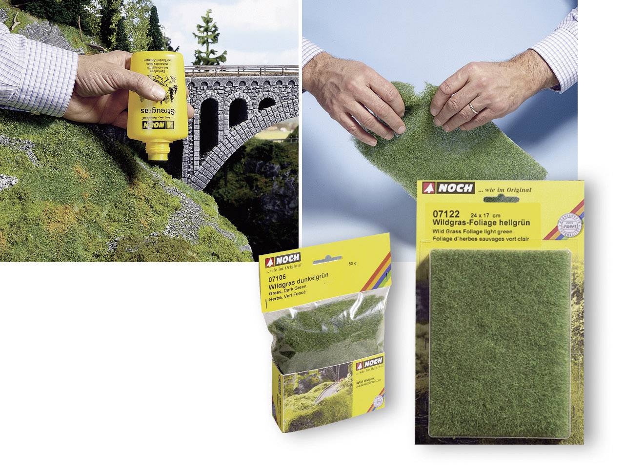 Eine Hand streut Modellgras auf ein Diorama mit einer Eisenbahnbrücke. Verpackungen von NOCH Modellbau-Material: Streugras und Wildgras.