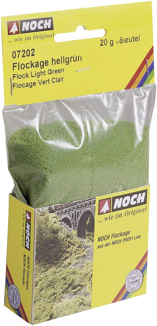 'NOCH Flockage hellgrün' Verpackung zeigt leichtes grünes Modelliermaterial zur Landschaftsgestaltung, 20g-Beutel.
