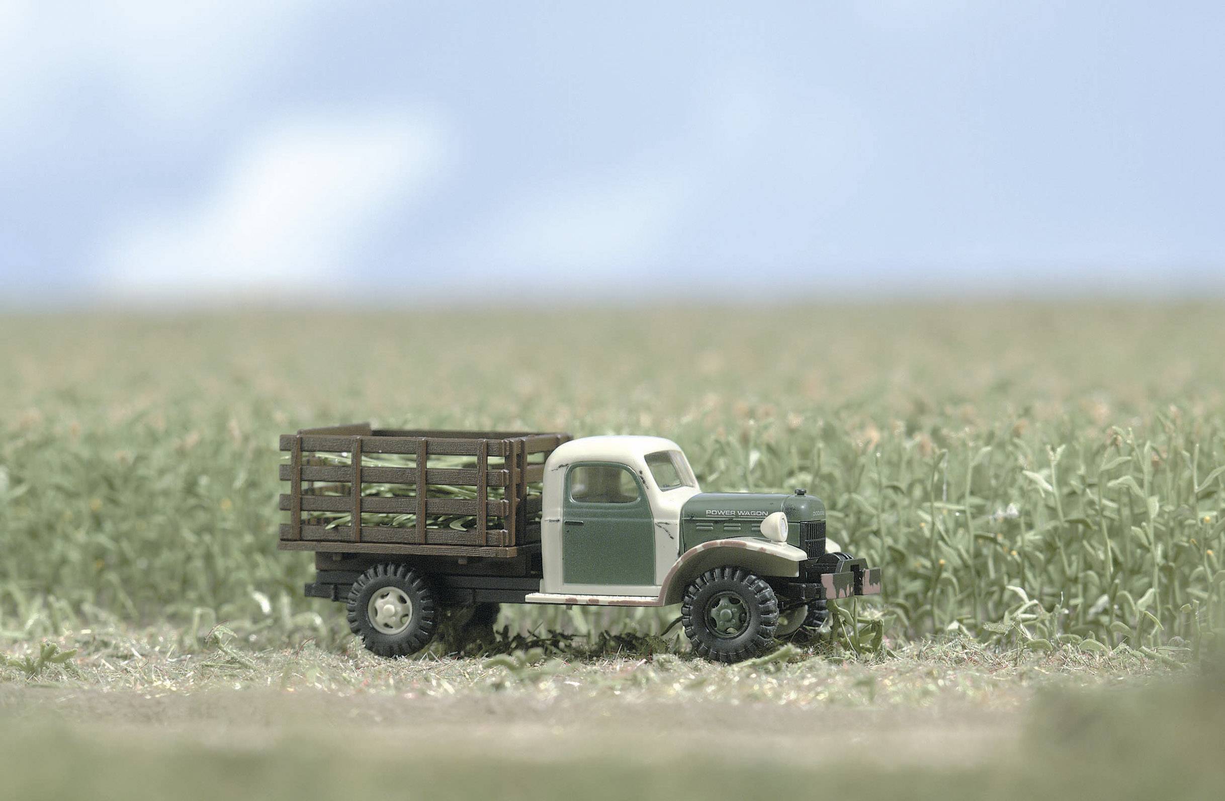 Ein Modell eines Oldtimer-Lkw steht auf einem Feld. Der Lkw hat eine grüne und weiße Lackierung mit einem Holzaufbau. Im Hintergrund ist blauer Himmel zu sehen.