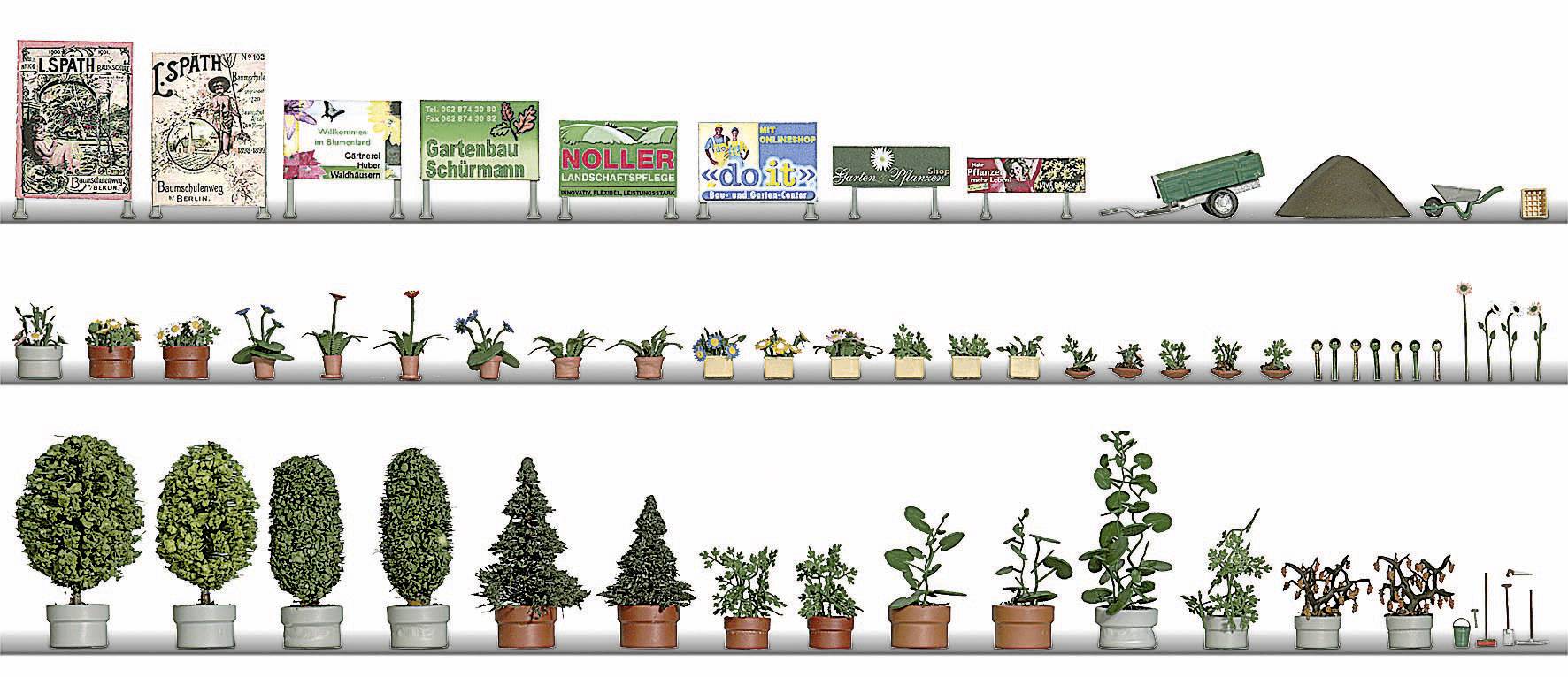 Eine Illustration zeigt Reihen kleiner Pflanzentöpfe mit verschiedenen Grünpflanzen und Blumen, darunter Gartengeräte und Pflanzenschilder.