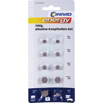 Conrad energy Knopfzellen-Set Je 2x AG1, AG3, AG5, AG12, sowie je 1x AG13, AG4