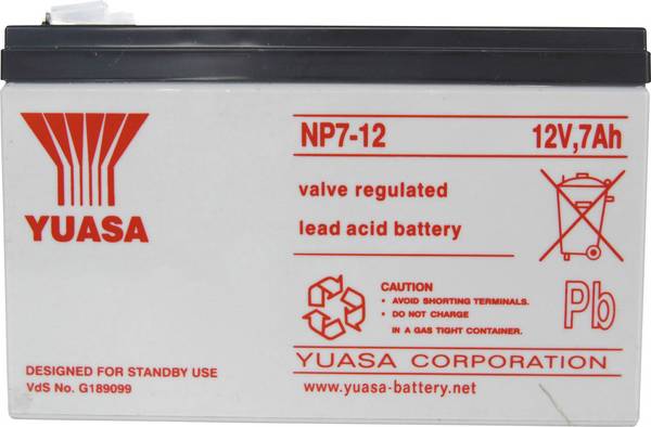Yuasa NP7-12 NP7-12 Bleiakku 12 V 7 Ah Blei-Vlies (AGM) (B x H x T) 151 x 98 x 65 mm Flachstecker 4.8 mm Wartungsfrei, VDS-Zertifizierung