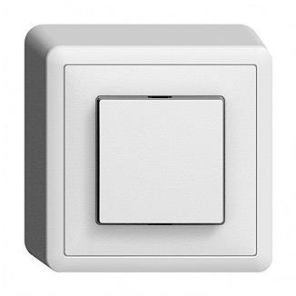 Ein einzelner Lichtschalter in weißem Gehäuse an einer Wand, dargestellt in Nahaufnahme.