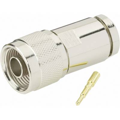 Ein metallischer Koaxialstecker mit geriffeltem Griff und einem goldfarbenen Stift liegt auf einer weißen Fläche.