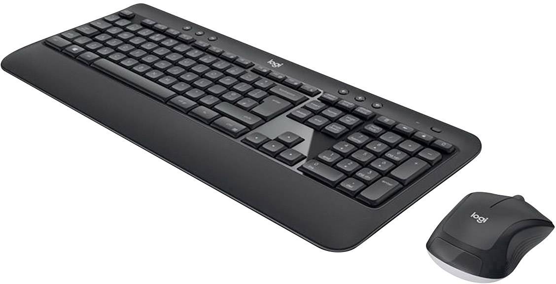 Drahtlose Tastatur mit schwarzem Design und passender Maus, ideal für Computerarbeit.