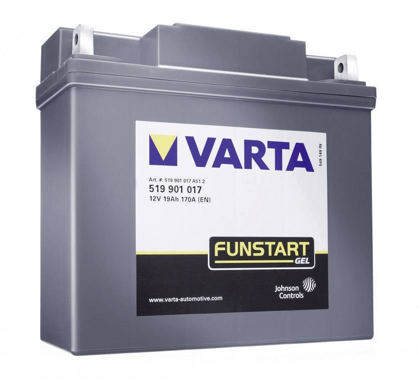 Eine graue Autobatterie von Varta mit der Aufschrift 'FUNSTART GEL', zeigt technische Daten wie 12V, 19Ah, 170A (EN).