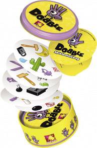 Abgebildet ist das Kartenspiel 'Dobble'. Gezeigt werden runde Spielkarten mit Symbolen, die aus einer gelben Metalldose herausfallen.