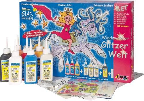 Ein Set für Fensterfarben namens 'Glitzer Welt', enthält Farben, Vorlagen und eine Abbildung eines illustrierten Mädchens auf einem Einhorn.