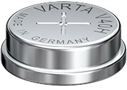 Silberne Knopfzellenbatterie mit der Prägung 'VARTA V40H' und 'Made in Germany' auf der Oberseite.
