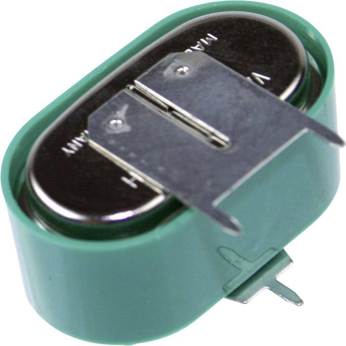 Grüne Knopfzellen-Batterie mit zwei Metalllaschen an der Oberseite, vermutlich für die Montage oder den Anschluss in einem Gerät.
