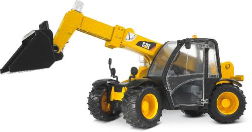 Ein gelber Teleskoplader mit schwarzer Schaufel, die angehoben ist. Das Fahrzeug steht auf großen, robusten Reifen.