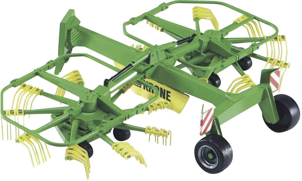 Ein landwirtschaftliches Gerät zur Heuernte mit grüner und gelber Farbe, zwei großen Rädern und mehreren Rechenarmen.