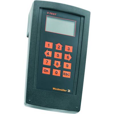 Tragbares elektronisches Prüfgerät mit Nummerntasten, Display oben, beschriftet mit 'Weidmüller'.