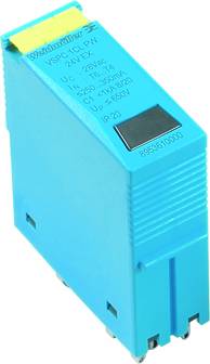 Ein blaues elektronisches Gerät mit der Aufschrift 'VSPC210-PN 24V EX'. Es hat einen schwarzen Schalter und gelbe Oberseite.