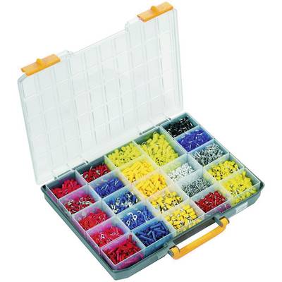 Offene Kunststoffbox mit verschiedenen Fächern, die bunte Kabelverbinder in Rot, Blau, Gelb, und anderen Farben enthalten.