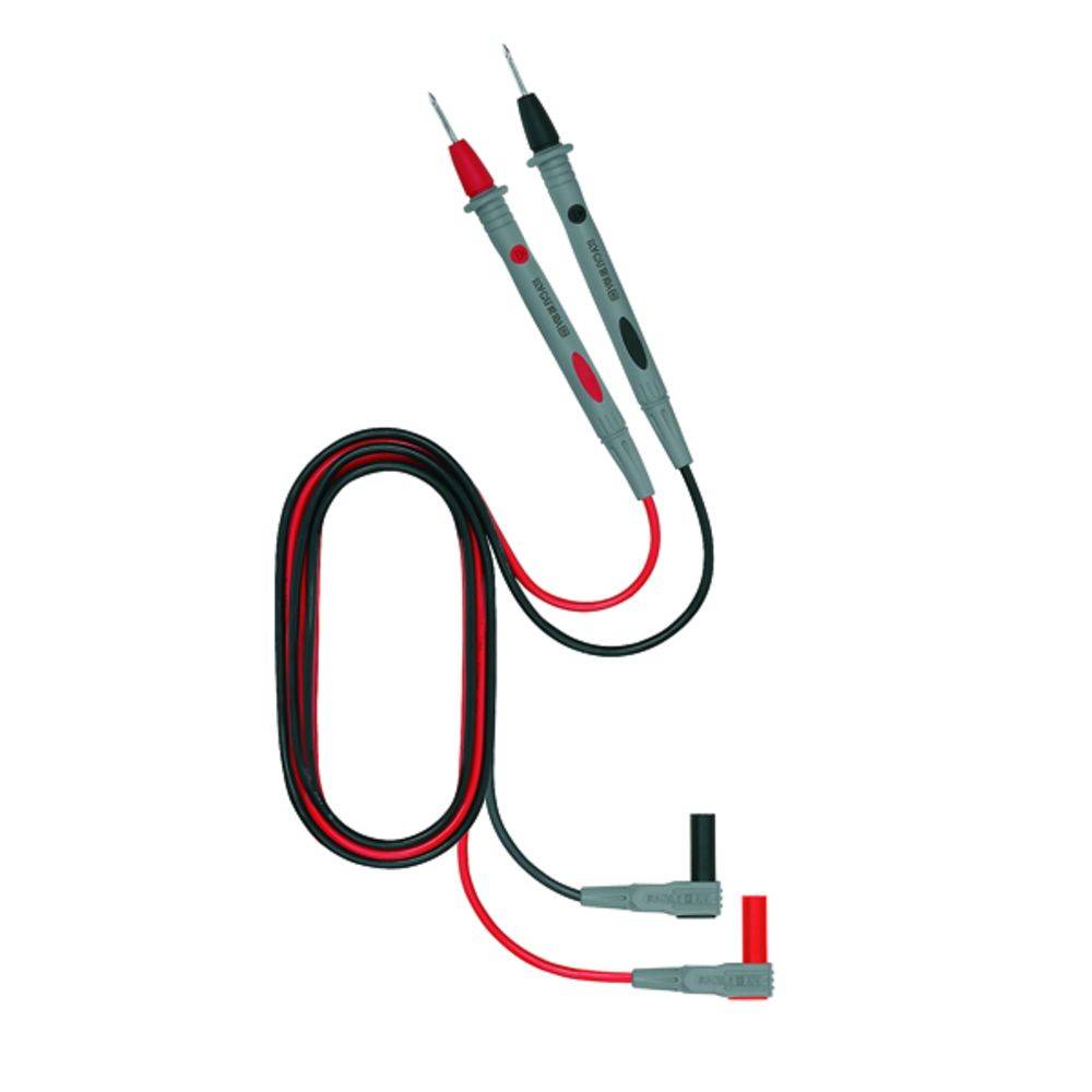 Ein Paar Prüfspitzen mit roten und schwarzen Kabeln, verbunden mit zwei separaten Steckadaptern.
