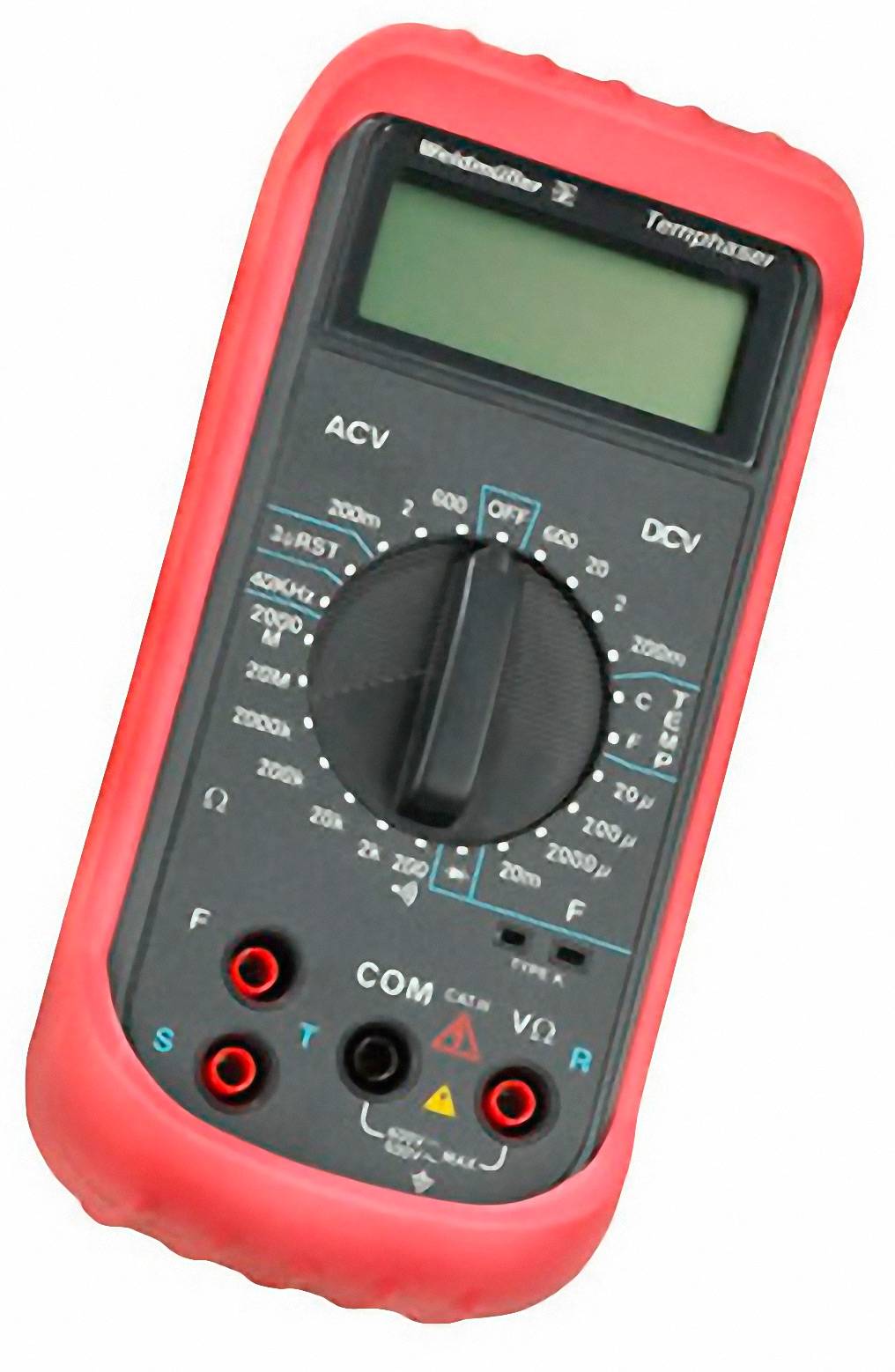 Ein digitales Multimeter in einem roten Gehäuse, zeigt ein Display und mehrere Einstellknöpfe für elektrische Messungen an.