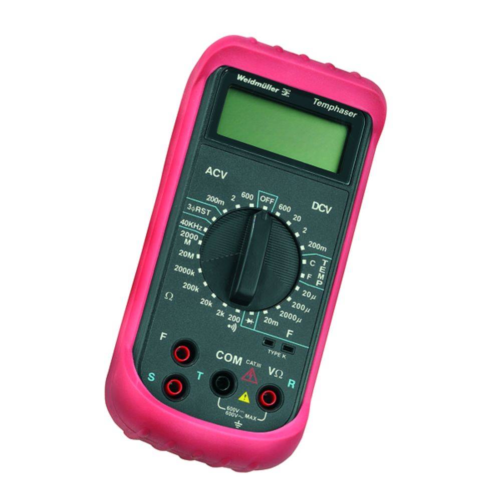 Ein digitales Multimeter mit rotem Gehäuse zeigt auf dem Display keine Messung an. Es hat verschiedene Messbereiche und Anschlüsse.