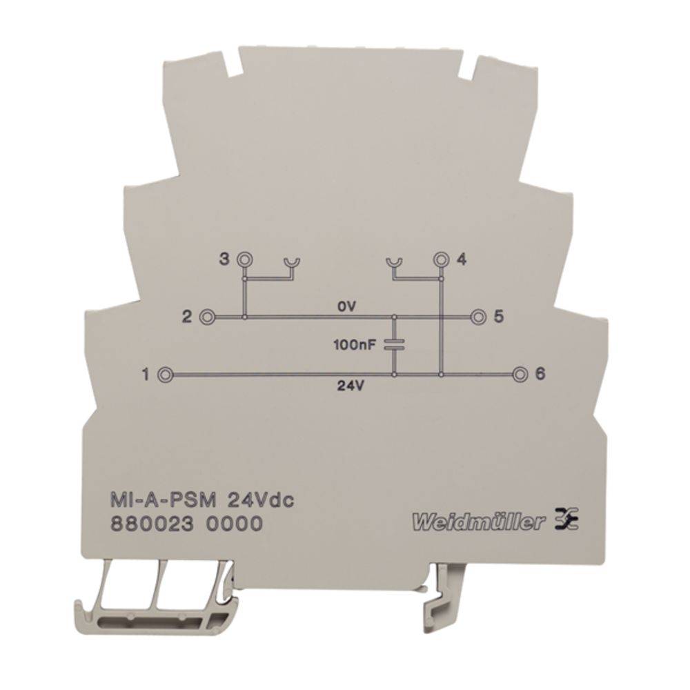 Ein elektrisches Schaltbild auf einem grauen Bauteil zeigt einen Kondensator von 100nF bei 24V. Herstellername 'Weidmüller' unten rechts.