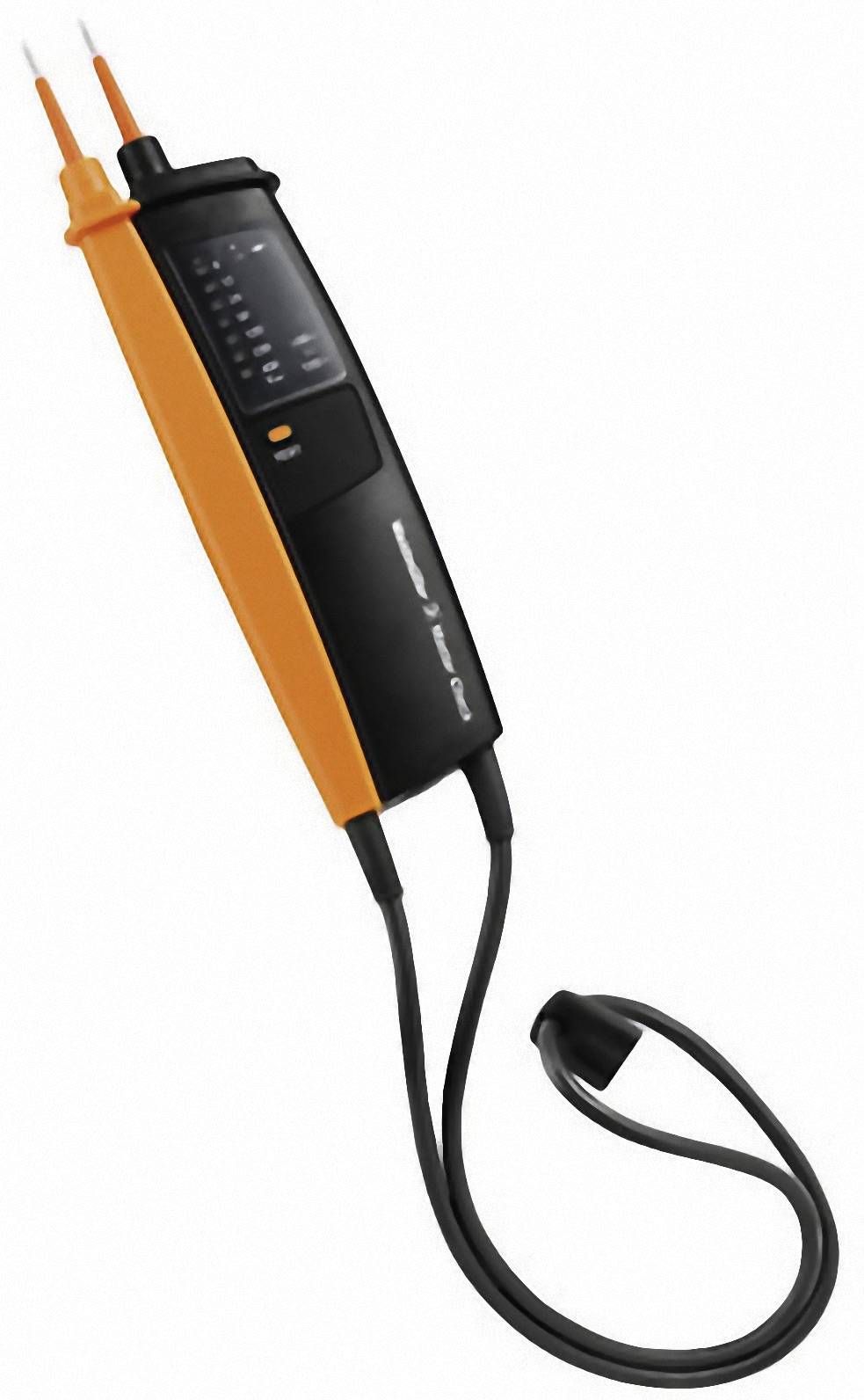 Spannungsprüfer mit digitalem Display und zwei Messspitzen. Gerät in schwarz-orange, verwendet zur Messung elektrischer Spannung.