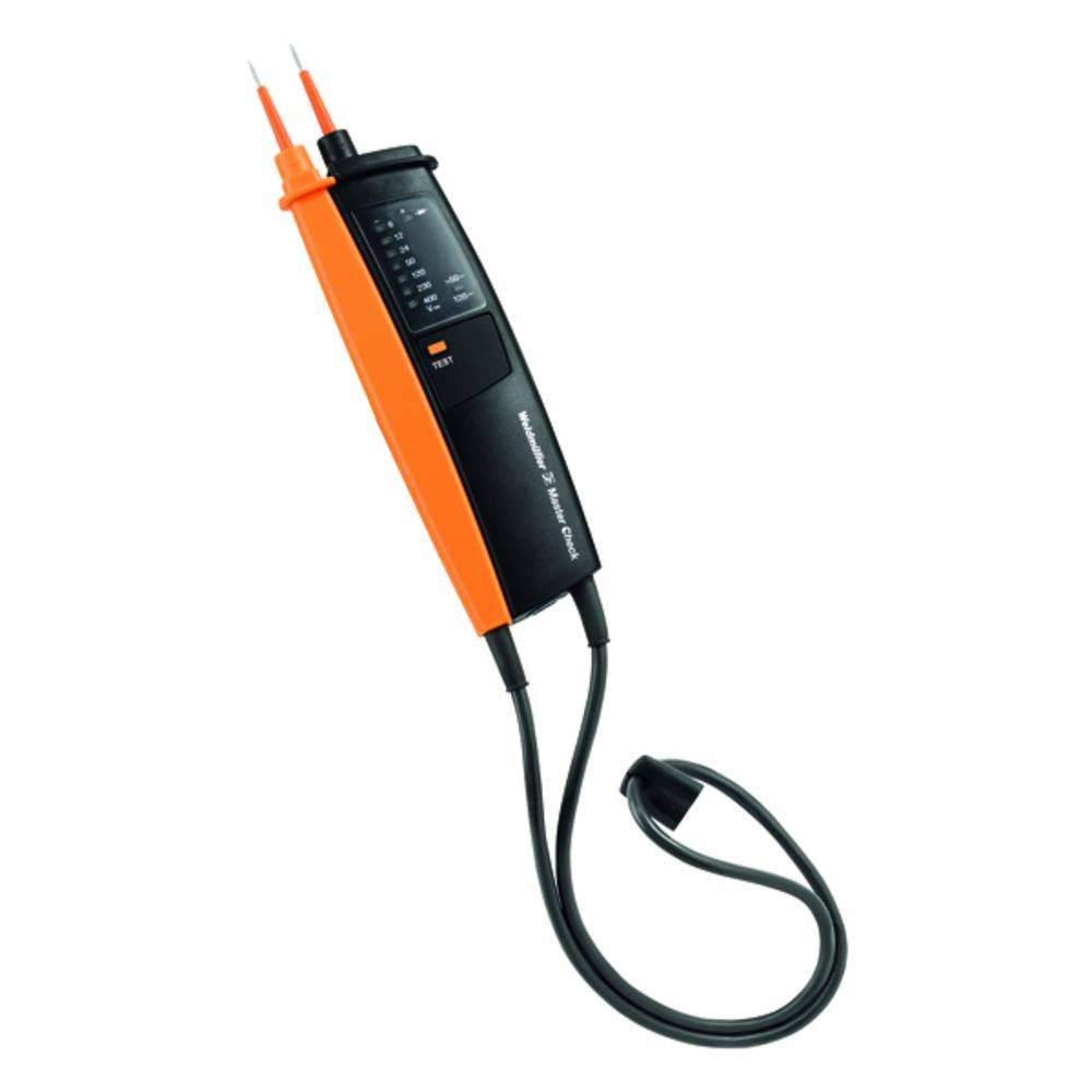 Spannungsprüfer mit zwei Prüfspitzen, digitalem Display und schwarzem, orangenem Gehäuse. Verwendet zur Überprüfung elektrischer Spannung.