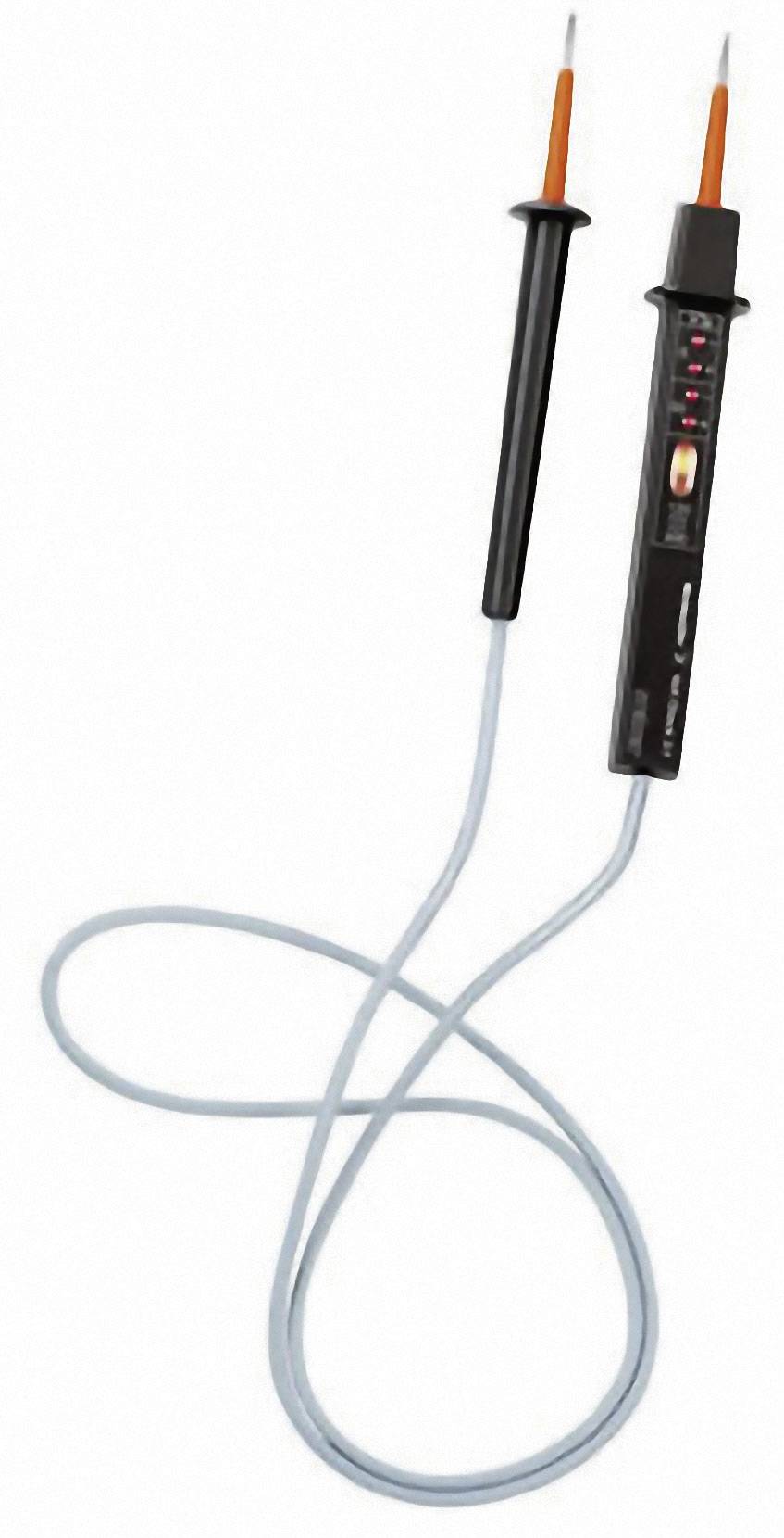 'Spannungsprüfer mit zwei Sonden und Anzeigeleuchten, verbunden durch ein Kabel, vor einem neutralen Hintergrund.'