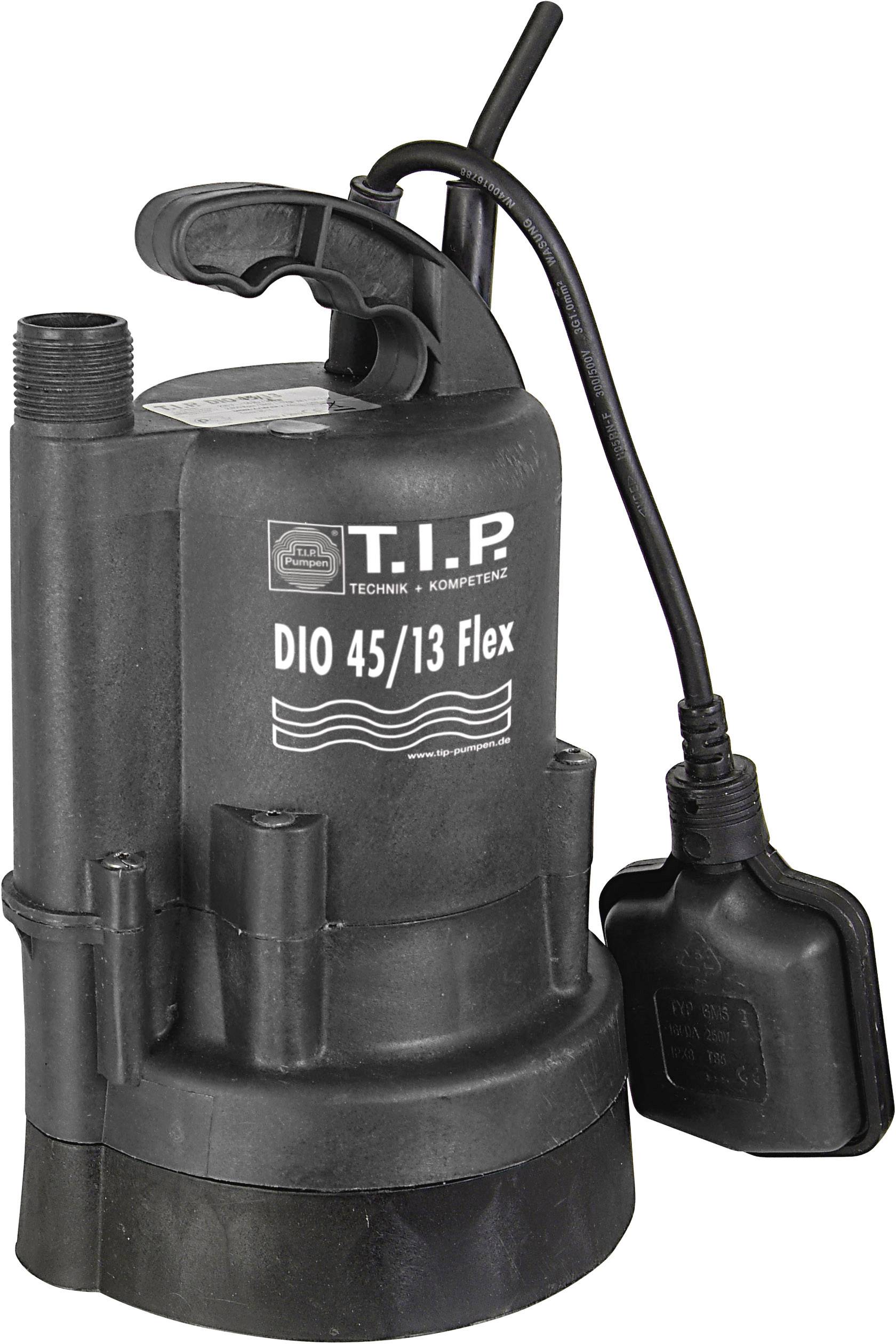 'Schmutzwassertauchpumpe T.I.P. DIO 45/13 Flex' mit Schwimmerschalter, schwarze Farbe, steht vertikal, geeignet für Abwasserentwässerung.