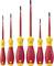 Sechs VDE-Schraubendreher mit roten Griffen und gelben Verzierungen, geeignet für Elektroarbeiten. Verschiedene Größen, Schlitz- und Kreuzschlitzspitzen.