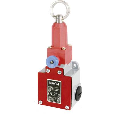 Roter Sicherheitsendschalter mit Metallring oben und schwarzem Knopf an der Seite, gekennzeichnet als 'MAC-I', enthält CE- und UL-Kennzeichnungen.