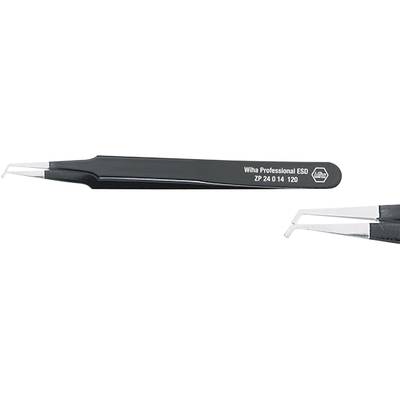 Schwarze, antistatische Präzisionspinzette mit gebogener Spitze von Wiha, Modell 'Professional ESD ZP 2 0 1 4 / 120'.