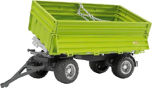 Grüner Anhänger mit zwei Achsen und hoher Ladefläche, Kippvorrichtung erkennbar. Geeignet für landwirtschaftliche oder transportbezogene Zwecke.