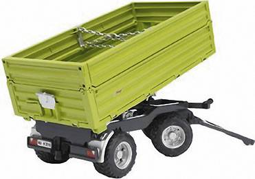 Grüner Kippanhänger mit zwei Rädern, hochgeklappt, auf weißem Hintergrund.