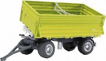 Ein grün-gelber einachsiger Anhänger mit vier Rädern und offener Ladefläche, geeignet für landwirtschaftliche Arbeiten.