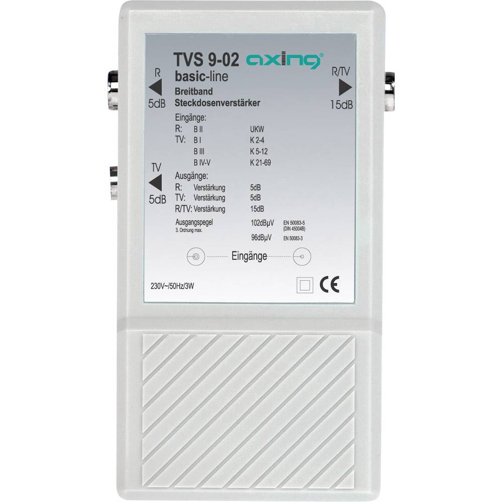 Frequentiebereik: 47 862 MHz Breedband-contactdoosversterker TVS 9 Versterking: 2 x 5 dB voor radio 