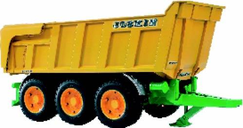 Ein gelber Anhänger mit Aufschrift, drei Rädern und grünem Gestell, geeignet für den Einsatz in der Landwirtschaft.