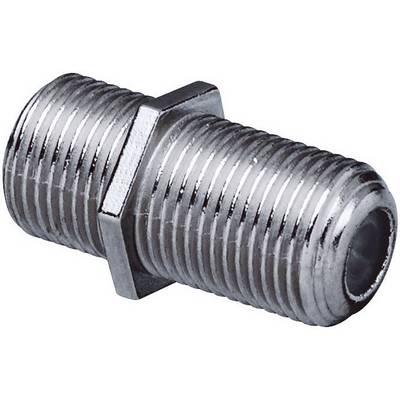 Ein silberner, metallischer Koaxial-F-Stecker-Adapter, der zum Verbinden von Kabeln in Audio- und Videosystemen verwendet wird.