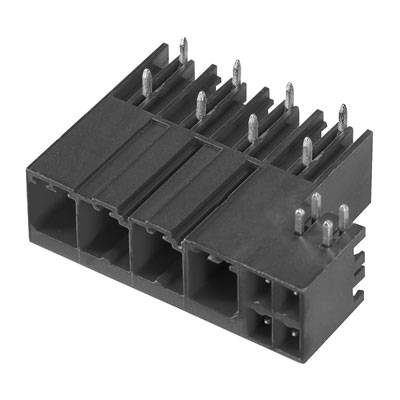 Schwarz-weiße Abbildung eines rechteckigen Steckverbinders mit Metallstiften oben und vier Steckplätzen unten, zur elektrischen Verbindung.