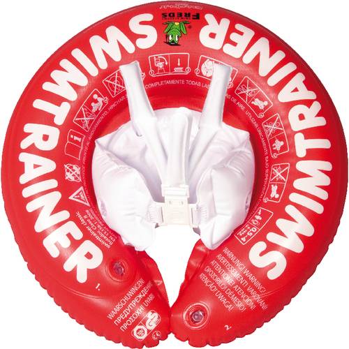 Roter Schwimmtrainer mit weißem Aufdruck 'SWIMTRAINER'. Mit Ventilen zum Aufblasen und Sicherheitsverschluss. Geeignet für Training im Wasser.